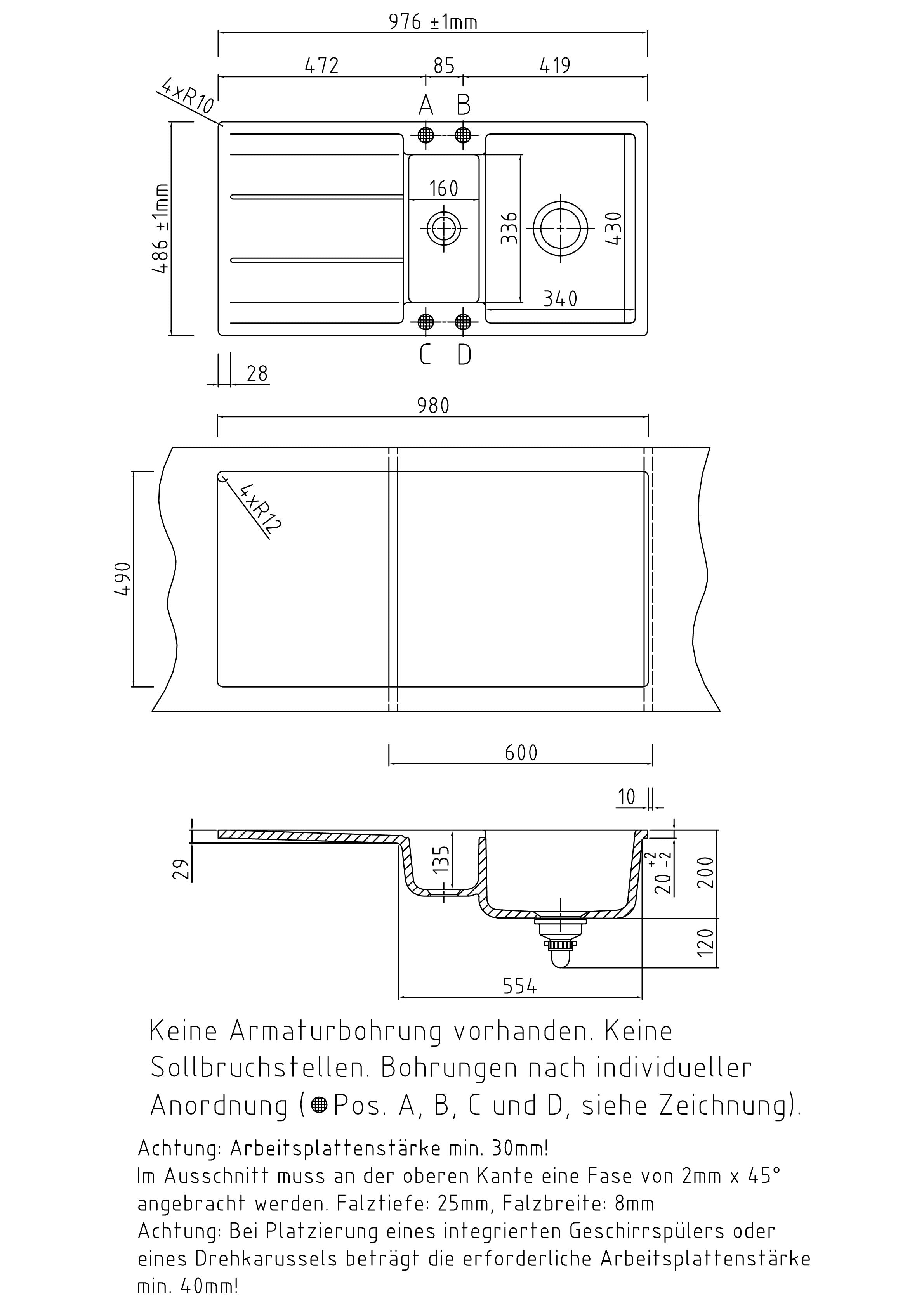 SYSTEMCERAM Einbauspüle Genea 100 F Fango 23 inkl. Excenterbetätigung, für 60 cm Schrankbreite, Spüle zum flächenbündigen Einbau, inkl. 4 x Eckradien R 10 Auflage reversibel 55920223
