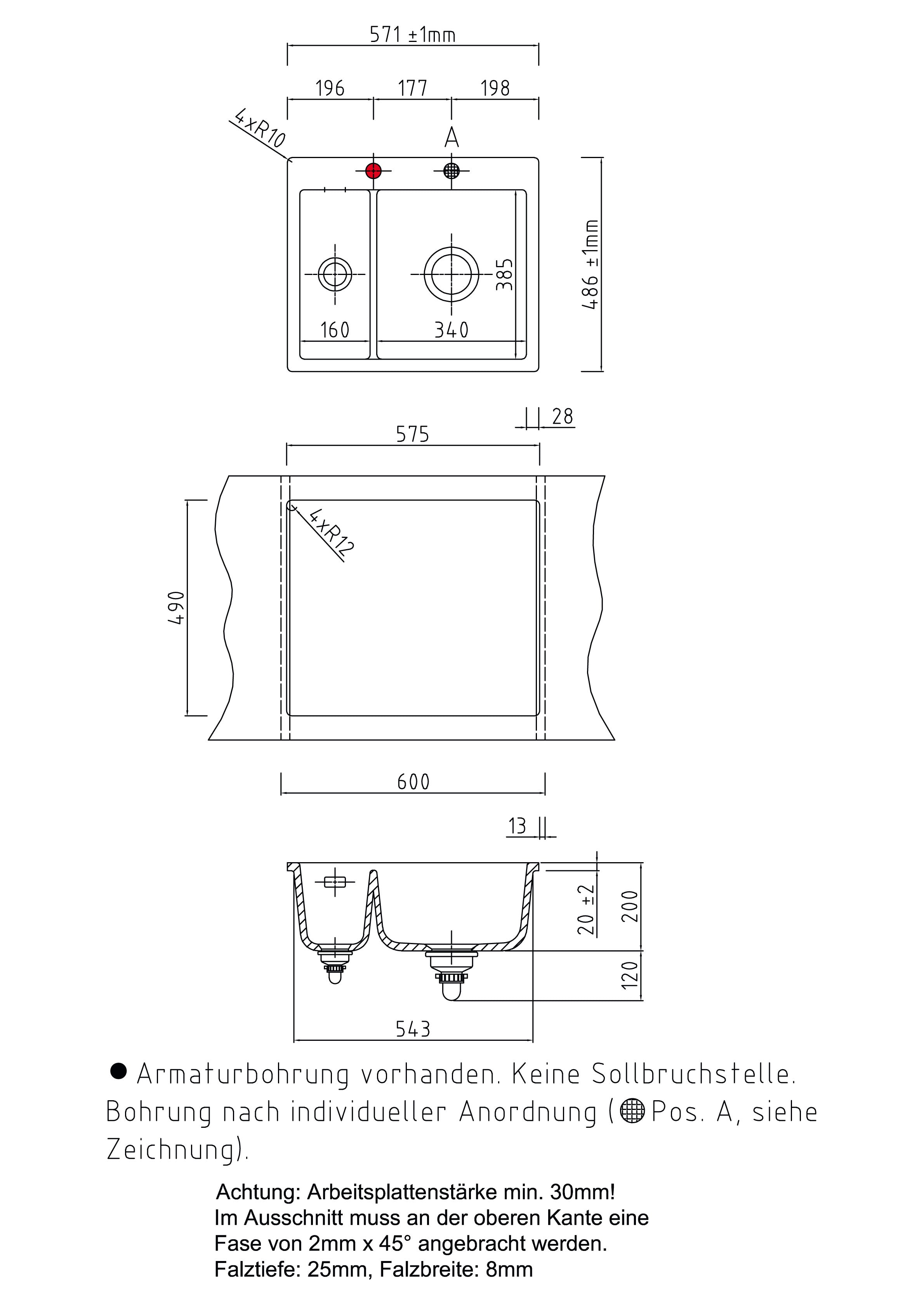 SYSTEMCERAM Einbauspüle Mera 60 F Eibe 56 inkl. Handbetätigung, für 60 cm Schrankbreite, Spüle zum flächenbündigen Einbau, inkl. 4 x Eckradien R 10 Auflage keine Beckenlage 55980156