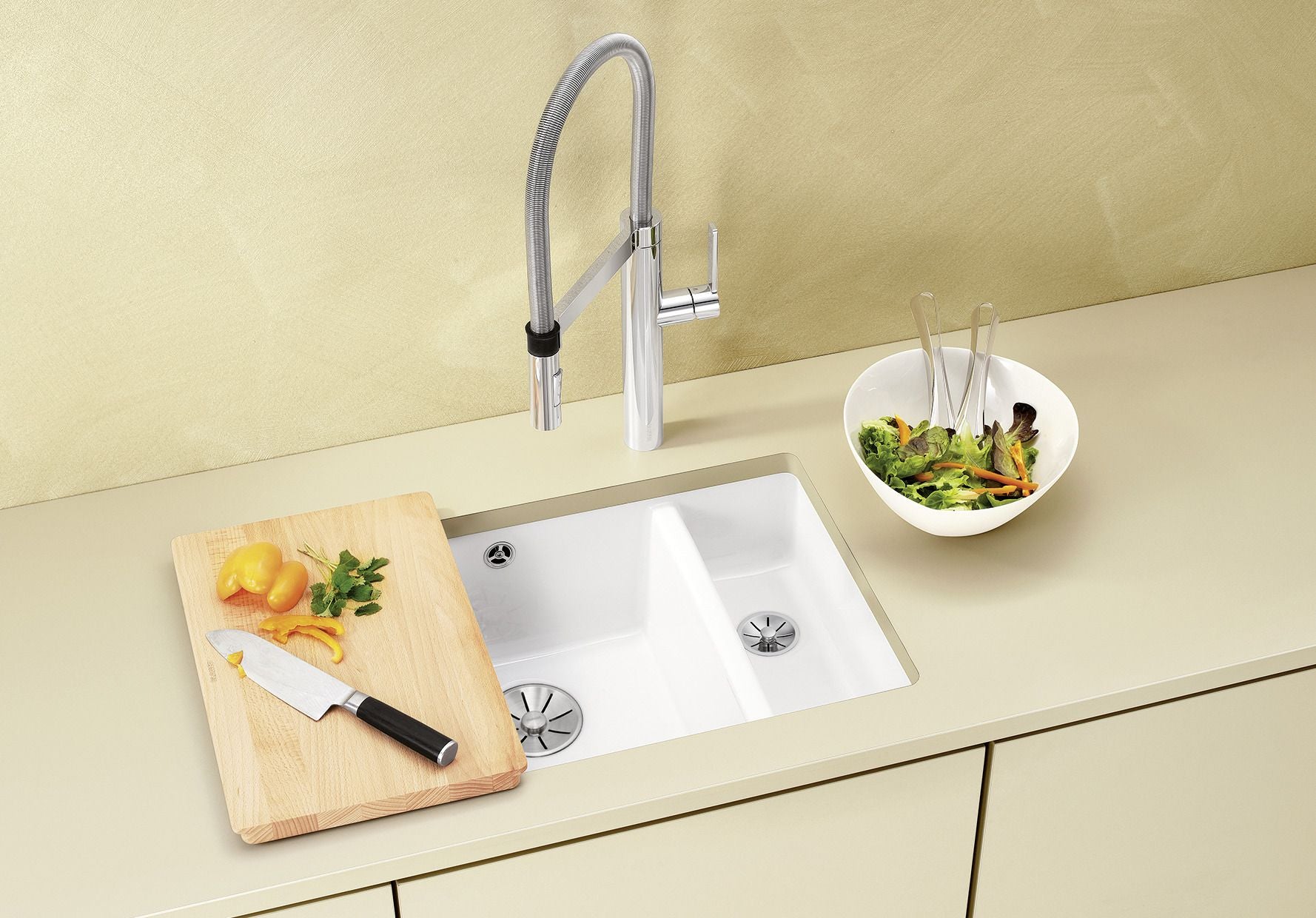 BLANCO SUBLINE 350/150-U Keramik ohne Ablauffernbedienung Hauptbecken links magnolia glänzend 523742