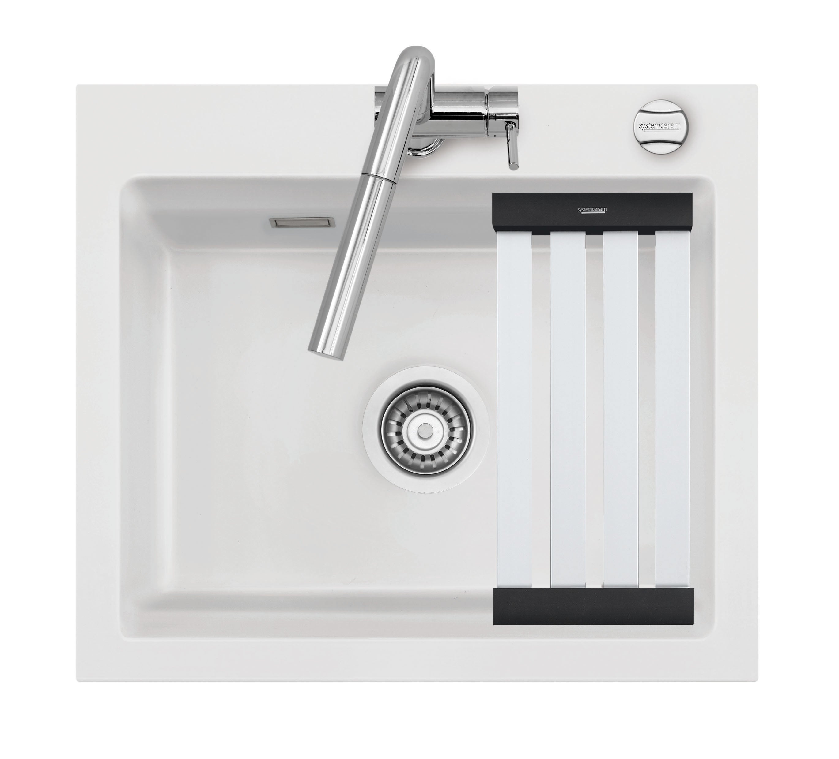 SYSTEMCERAM Einbauspüle Kara 57 Polar 13 inkl. Handbetätigung, für 60 cm Schrankbreite, Einbauspüle mit Medio-Matte Alu Auflage keine Beckenlage 50020113