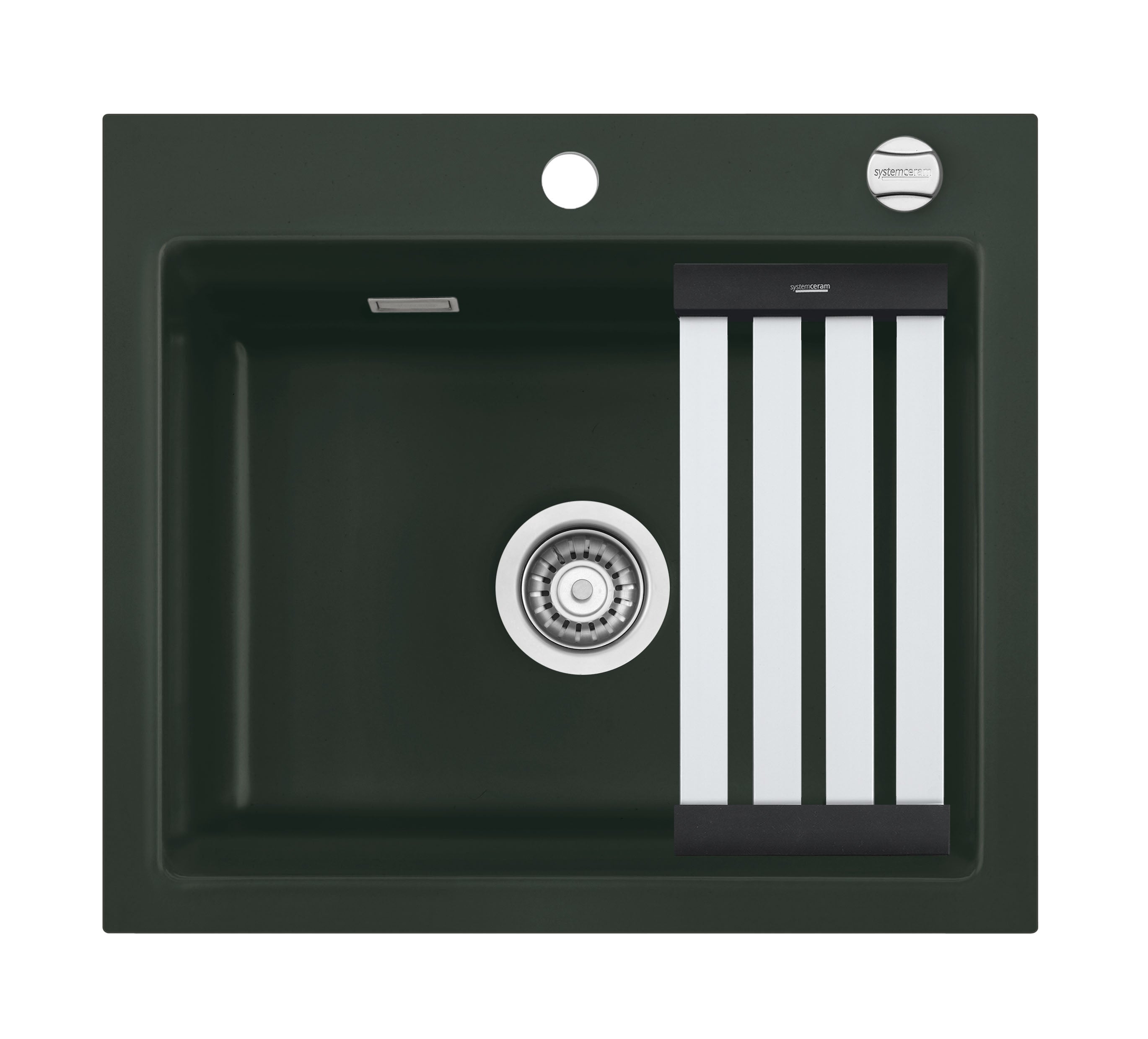 SYSTEMCERAM Einbauspüle Kara 57 F Eibe 56 inkl. Excenterbetätigung, für 60 cm Schrankbreite, Spüle zum flächenbündigen Einbau mit Medio-Matte Alu, inkl. 4 x Eckradien R 10 Auflage keine Beckenlage 55020256