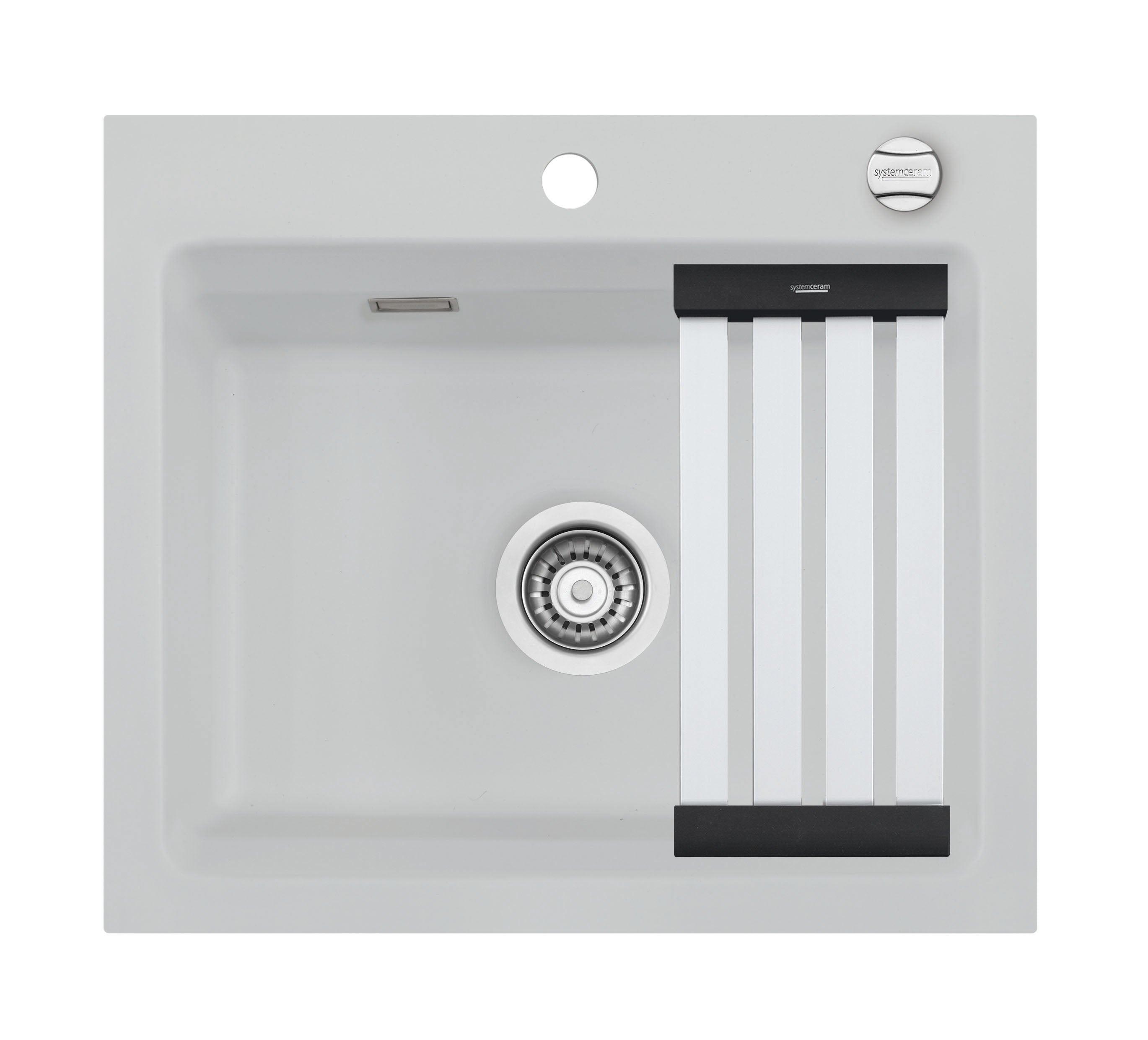 SYSTEMCERAM Einbauspüle Kara 57 F Alu 76 inkl. Excenterbetätigung, für 60 cm Schrankbreite, Spüle zum flächenbündigen Einbau mit Medio-Matte Alu, inkl. 4 x Eckradien R 10 Auflage keine Beckenlage 55020276