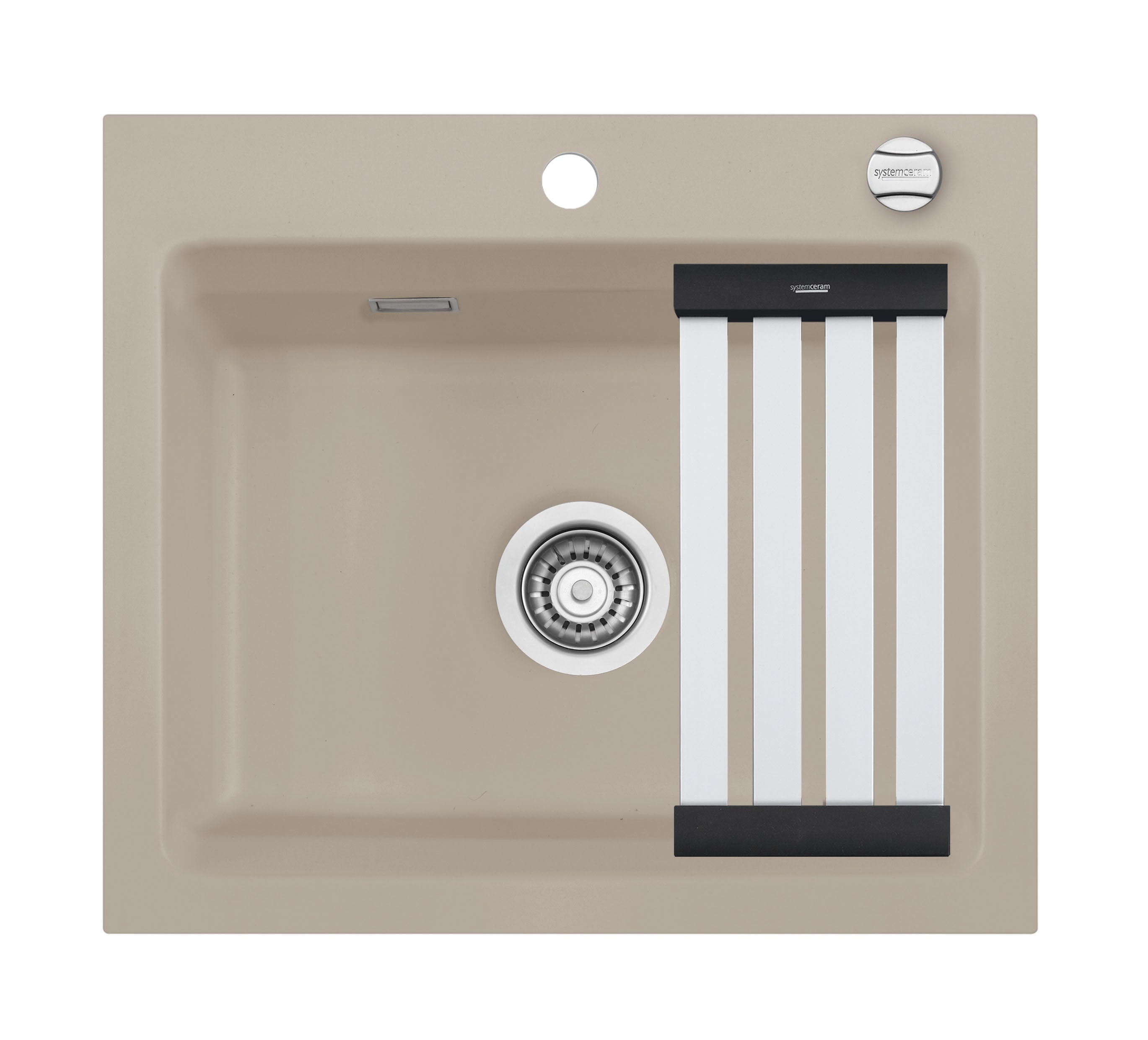SYSTEMCERAM Einbauspüle Kara 57 F Fango 23 inkl. Handbetätigung, für 60 cm Schrankbreite, Spüle zum flächenbündigen Einbau mit Medio-Matte Alu, inkl. 4 x Eckradien R 10 Auflage keine Beckenlage 55020123