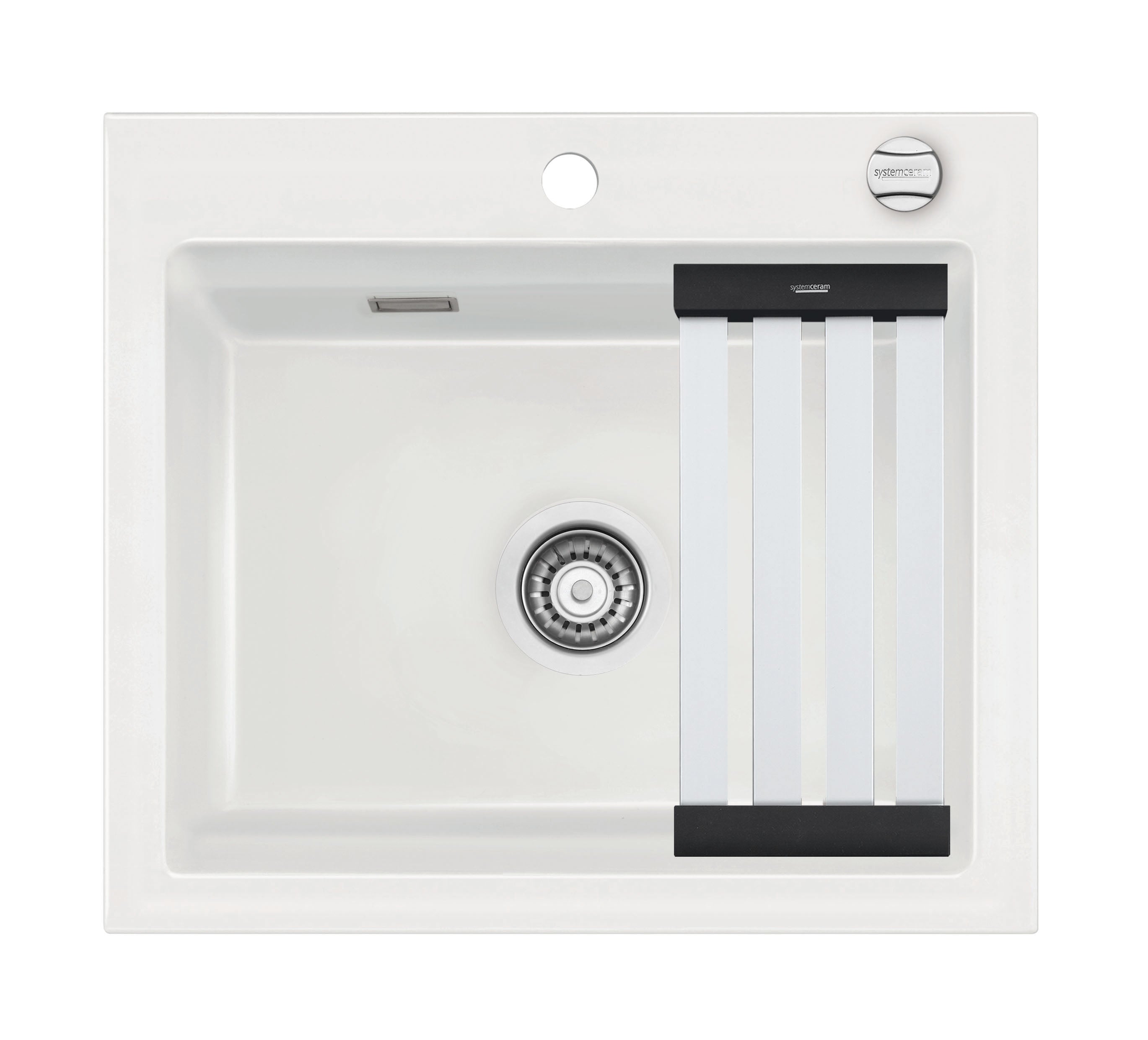 SYSTEMCERAM Einbauspüle Kara 57 F Grönland 12 inkl. Handbetätigung, für 60 cm Schrankbreite, Spüle zum flächenbündigen Einbau mit Medio-Matte Alu, inkl. 4 x Eckradien R 10 Auflage keine Beckenlage 55020112