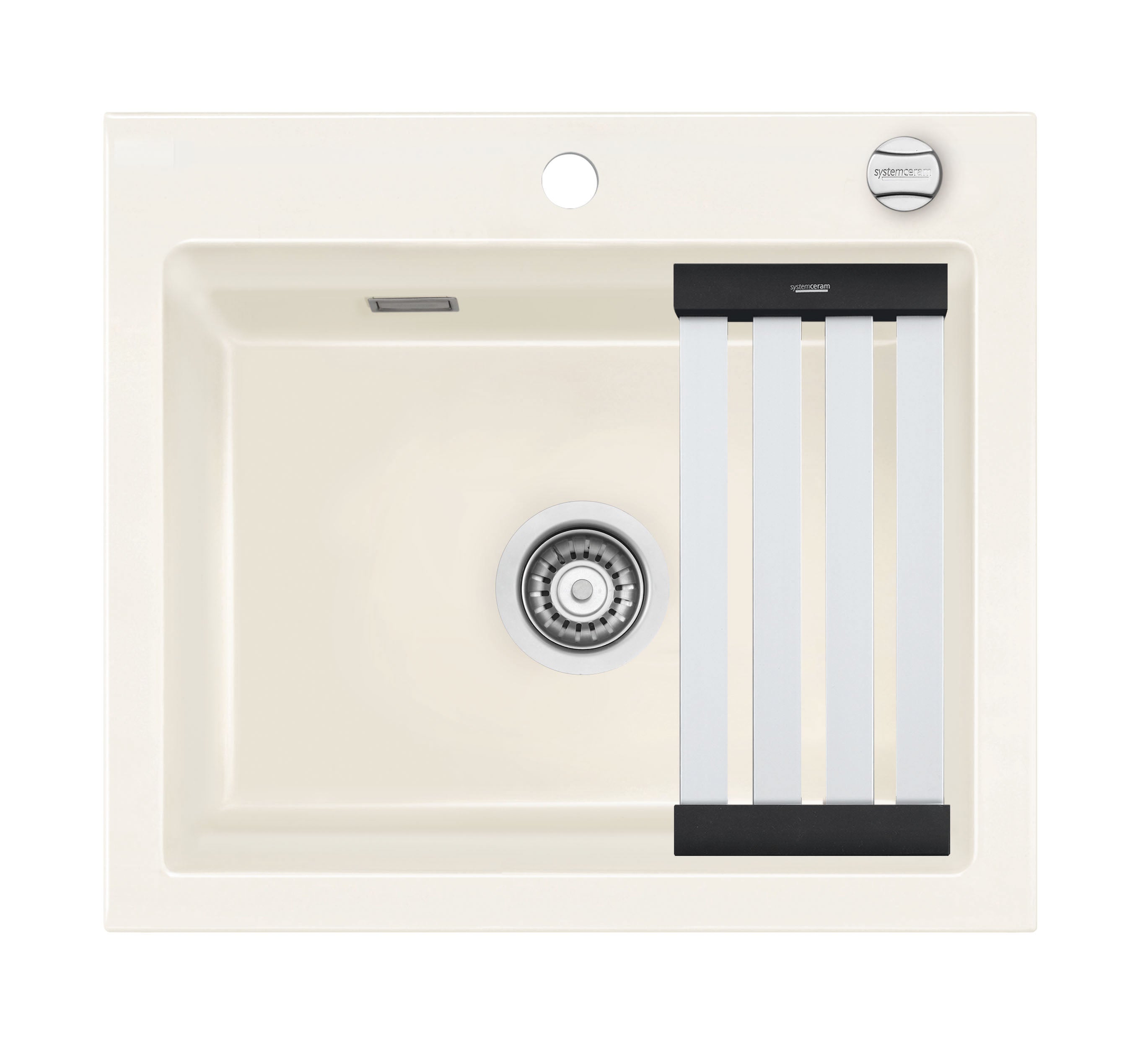 SYSTEMCERAM Einbauspüle Kara 57 F Magnolie 10 inkl. Handbetätigung, für 60 cm Schrankbreite, Spüle zum flächenbündigen Einbau mit Medio-Matte Alu, inkl. 4 x Eckradien R 10 Auflage keine Beckenlage 55020110
