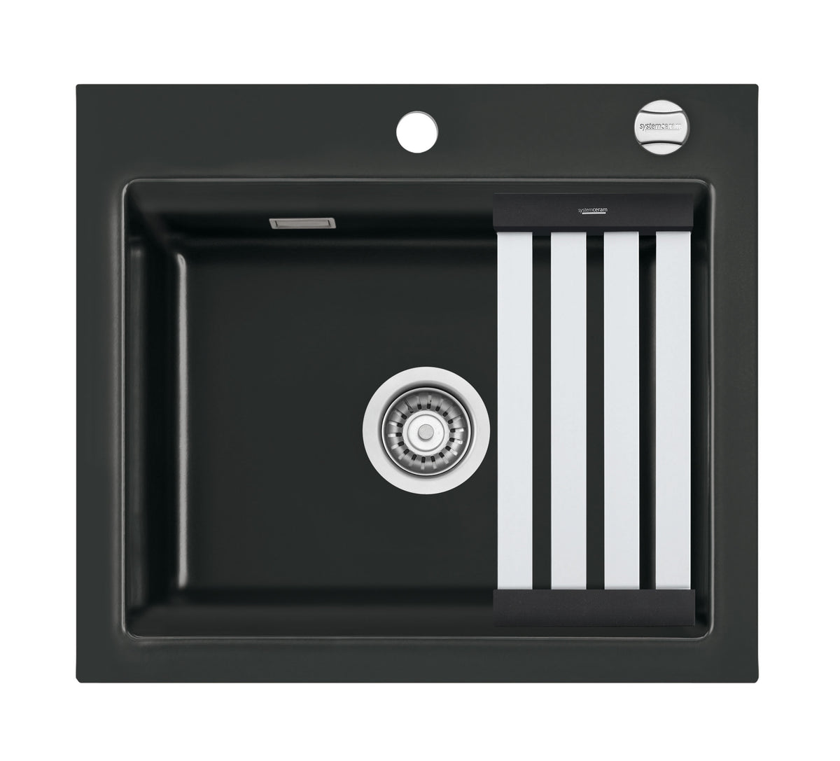 SYSTEMCERAM Einbauspüle Kara 57 F Nero 68 inkl. Excenterbetätigung, für 60 cm Schrankbreite, Spüle zum flächenbündigen Einbau mit Medio-Matte Schwarz, inkl. 4 x Eckradien R 10 Auflage keine Beckenlage 55020268