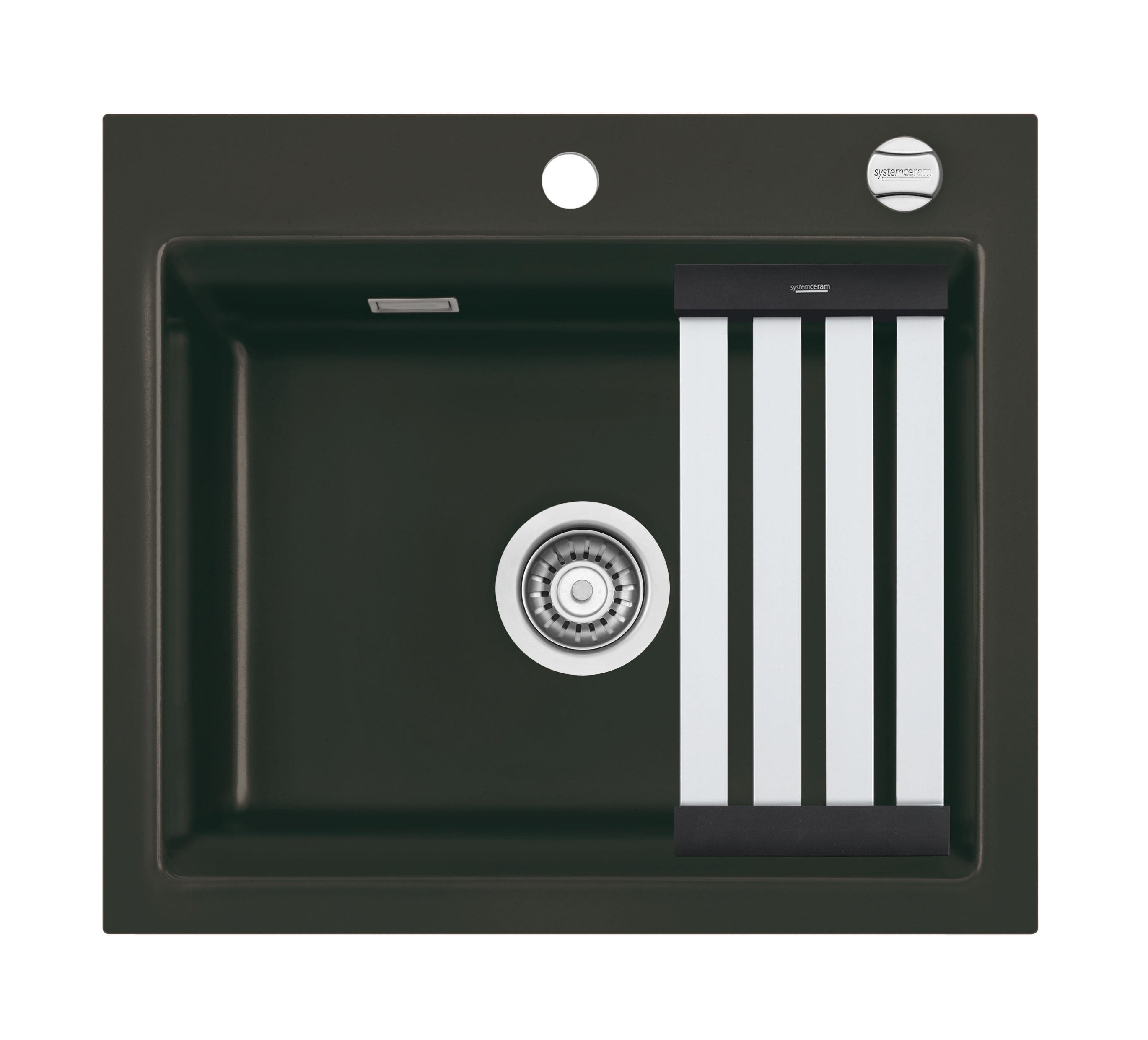 SYSTEMCERAM Einbauspüle Kara 57 F Nigra 87 inkl. Handbetätigung, für 60 cm Schrankbreite, Spüle zum flächenbündigen Einbau mit Medio-Matte Schwarz, inkl. 4 x Eckradien R 10 Auflage keine Beckenlage 55020187