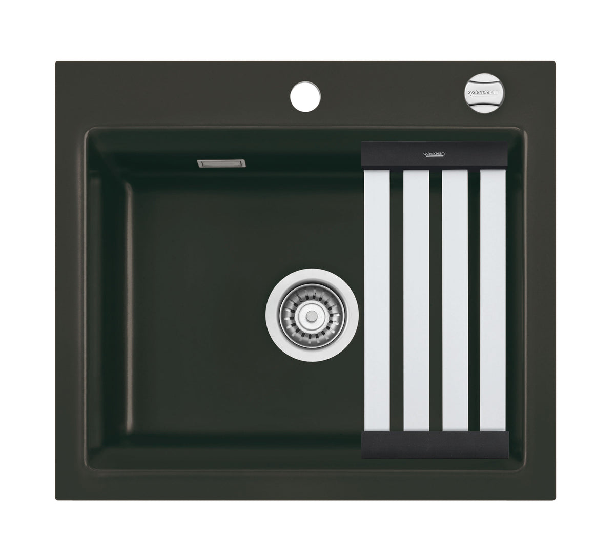 SYSTEMCERAM Einbauspüle Kara 57 F Nigra 87 inkl. Handbetätigung, für 60 cm Schrankbreite, Spüle zum flächenbündigen Einbau mit Medio-Matte Schwarz, inkl. 4 x Eckradien R 10 Auflage keine Beckenlage 55020187