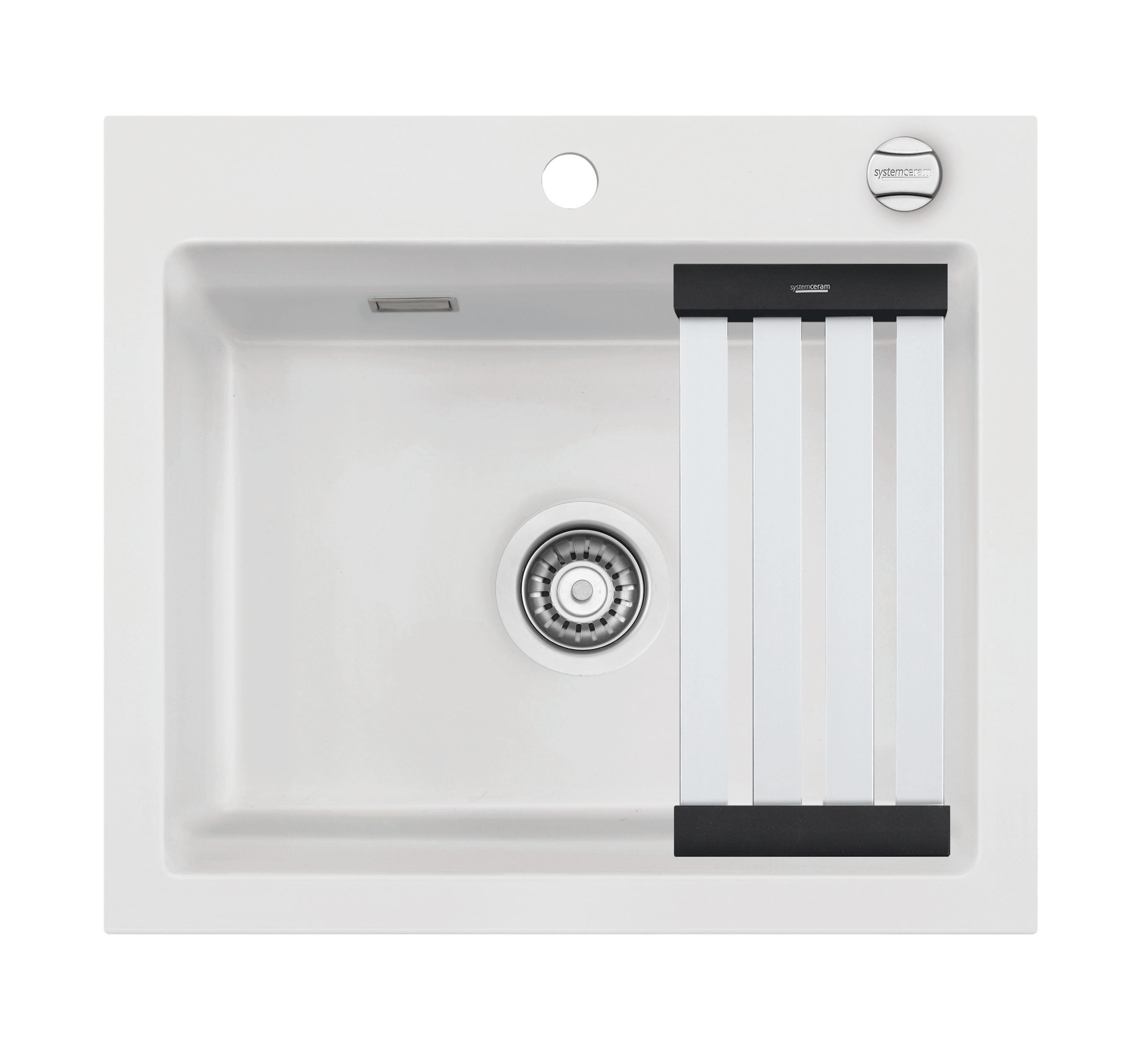SYSTEMCERAM Einbauspüle Kara 57 F Polar 13 inkl. Excenterbetätigung, für 60 cm Schrankbreite, Spüle zum flächenbündigen Einbau mit Medio-Matte Alu, inkl. 4 x Eckradien R 10 Auflage keine Beckenlage 55020213