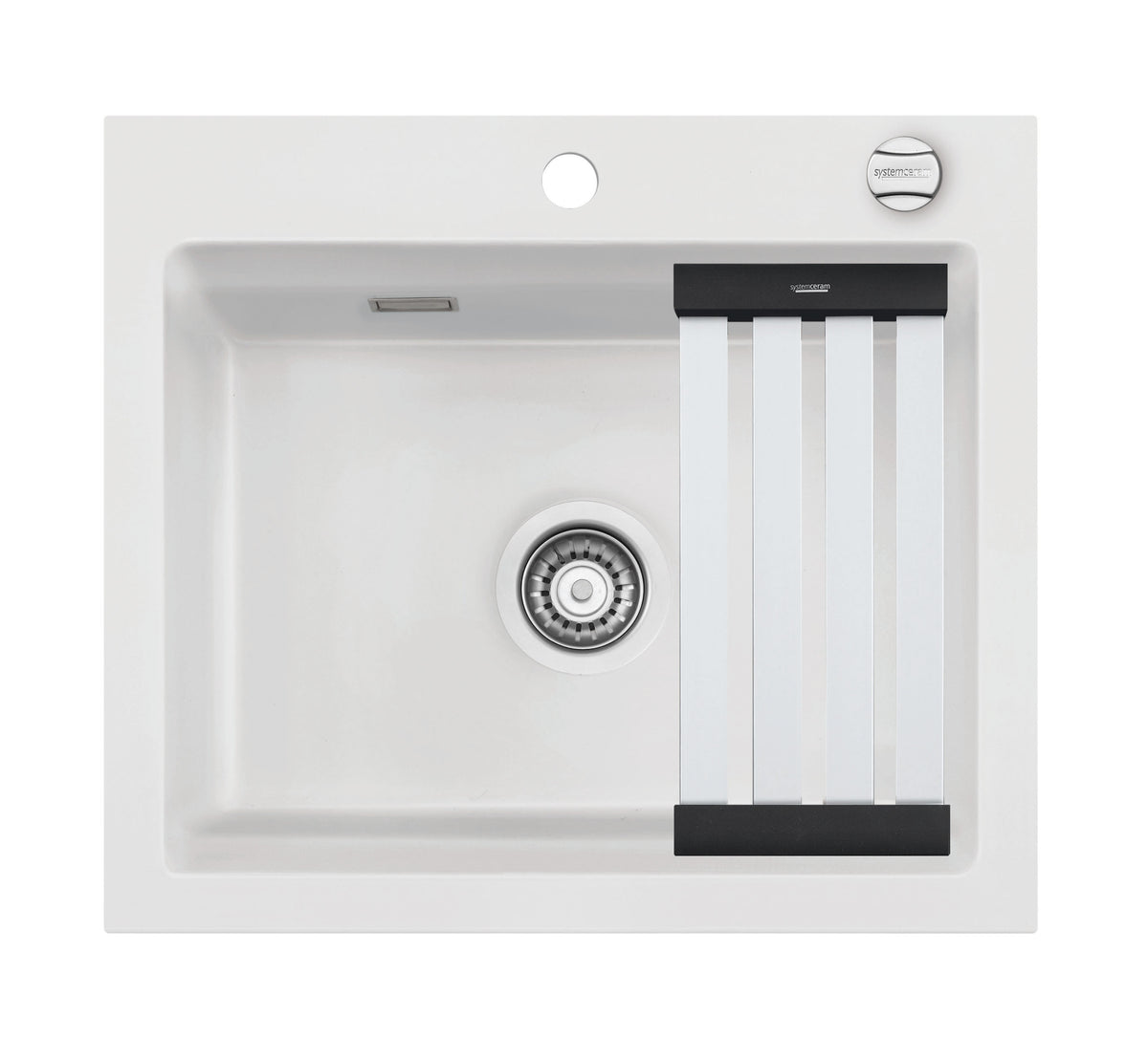 SYSTEMCERAM Einbauspüle Kara 57 F Polar 13 inkl. Excenterbetätigung, für 60 cm Schrankbreite, Spüle zum flächenbündigen Einbau mit Medio-Matte Alu, inkl. 4 x Eckradien R 10 Auflage keine Beckenlage 55020213