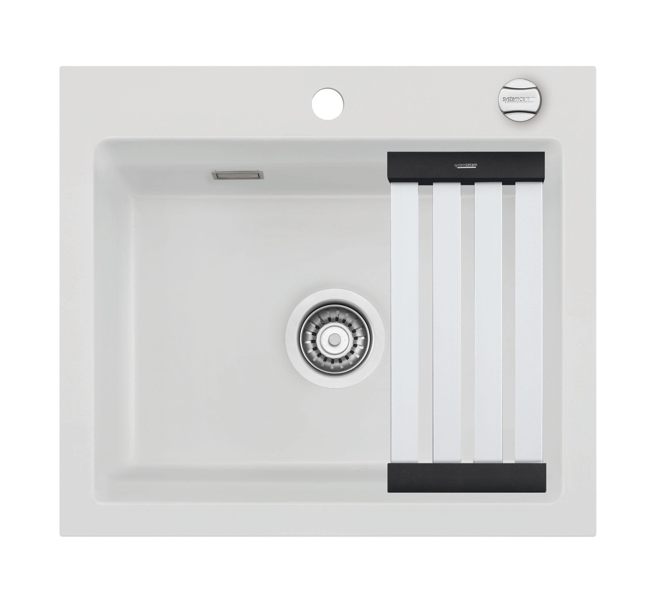 SYSTEMCERAM Einbauspüle Kara 57 F Satin 20 inkl. Handbetätigung, für 60 cm Schrankbreite, Spüle zum flächenbündigen Einbau mit Medio-Matte Alu, inkl. 4 x Eckradien R 10 Auflage keine Beckenlage 55020120