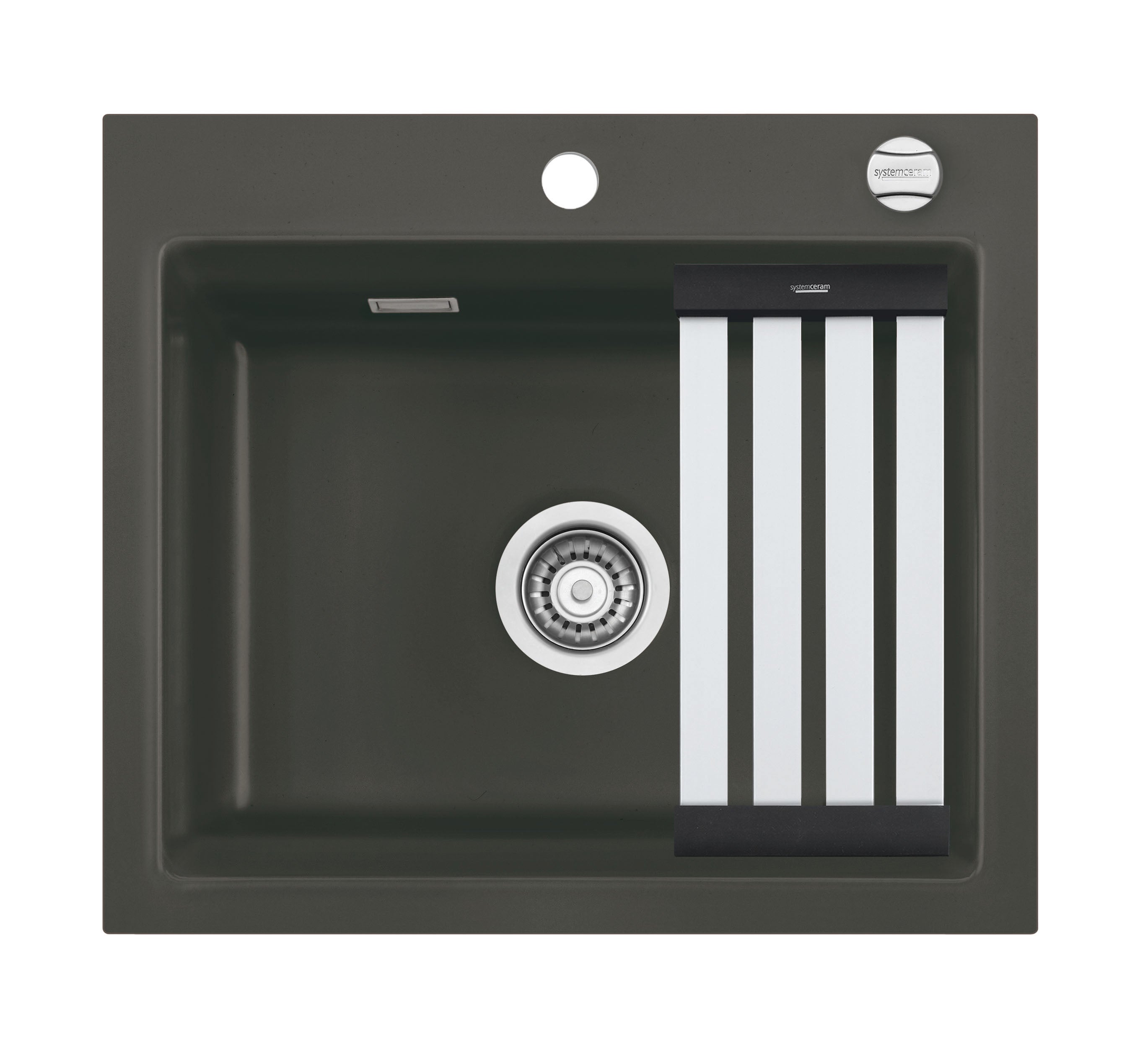 SYSTEMCERAM Einbauspüle Kara 57 F Schiefer 85 inkl. Handbetätigung, für 60 cm Schrankbreite, Spüle zum flächenbündigen Einbau mit Medio-Matte Alu, inkl. 4 x Eckradien R 10 Auflage keine Beckenlage 55020185