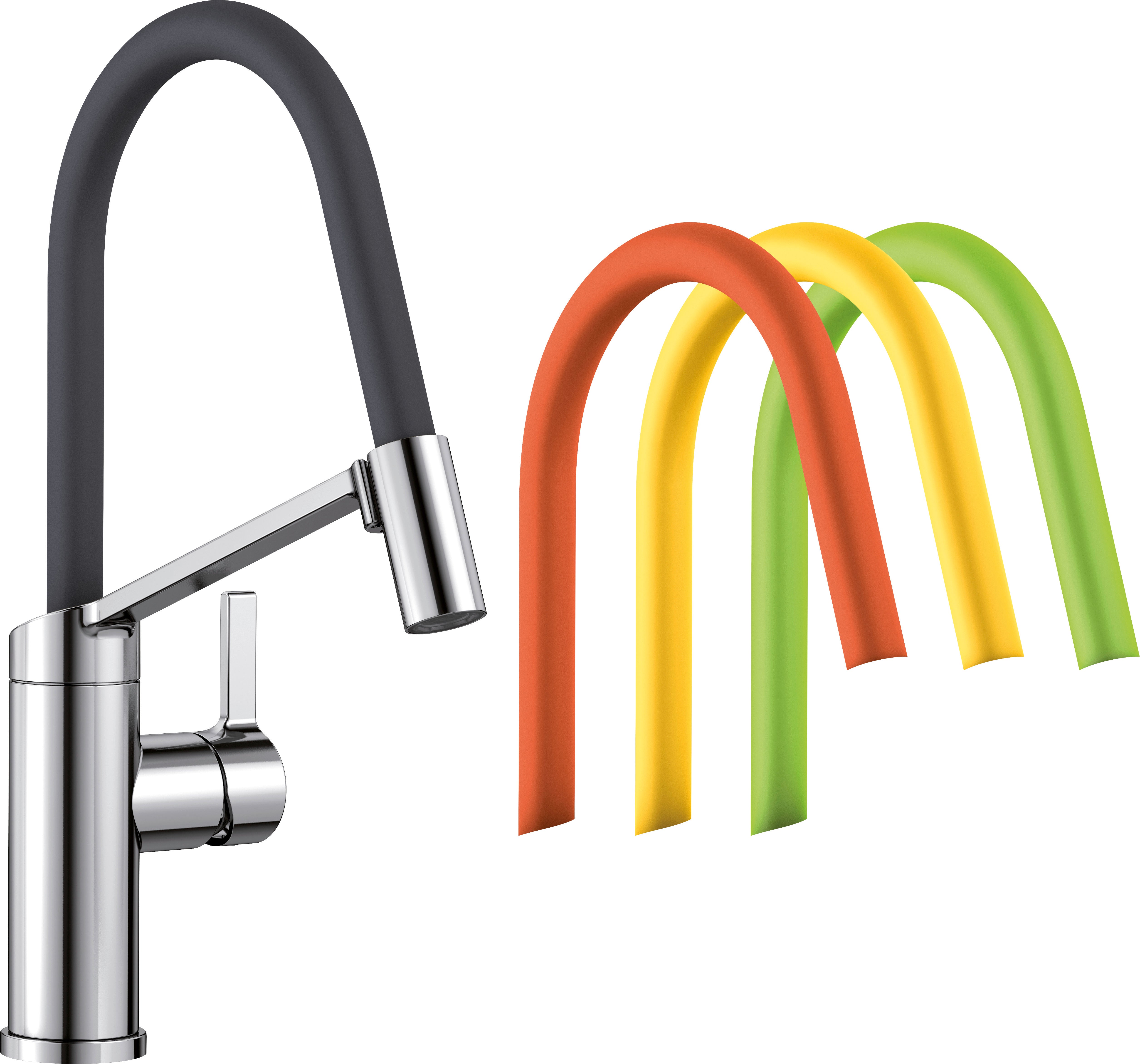 BLANCO VIU-S metallische Oberfläche Hochdruck Vier austauschbare Schlauchhüllen:
kiwi, orange, lemon, lava grey (vormontiert) chrom 524813
