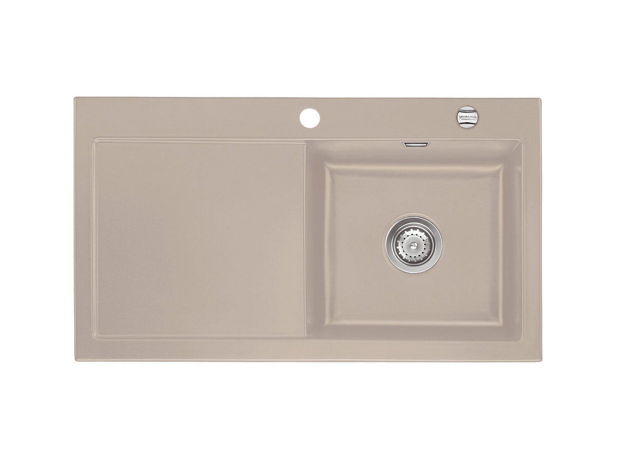 SYSTEMCERAM Einbauspüle Mera 90 F Be. Re. Fango 23 inkl. Handbetätigung, für 50 cm Schrankbreite, Spüle zum flächenbündigen Einbau, inkl. 4 x Eckradien R 10 Auflage Becken rechts 55740123