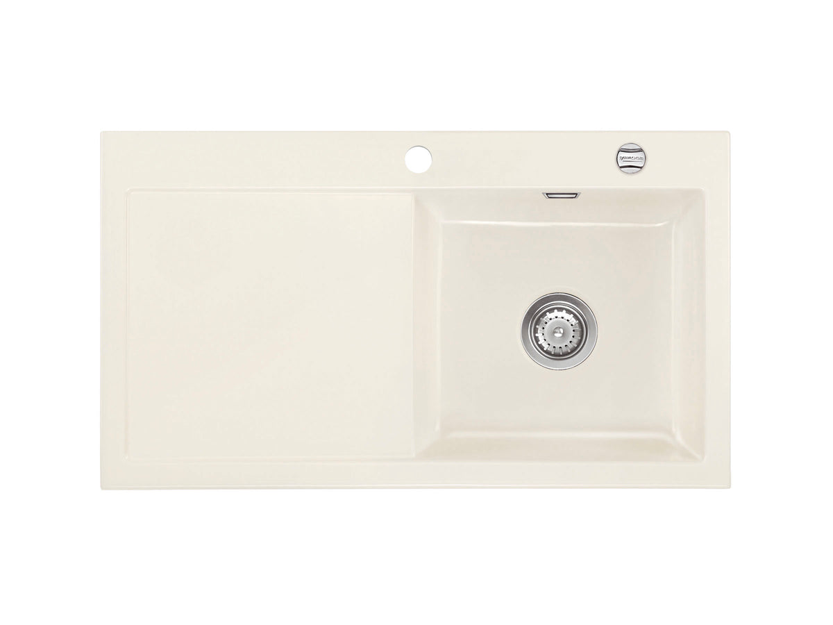 SYSTEMCERAM Einbauspüle Mera 90 F Be. Re. Magnolie 10 inkl. Handbetätigung, für 50 cm Schrankbreite, Spüle zum flächenbündigen Einbau, inkl. 4 x Eckradien R 10 Auflage Becken rechts 55740110