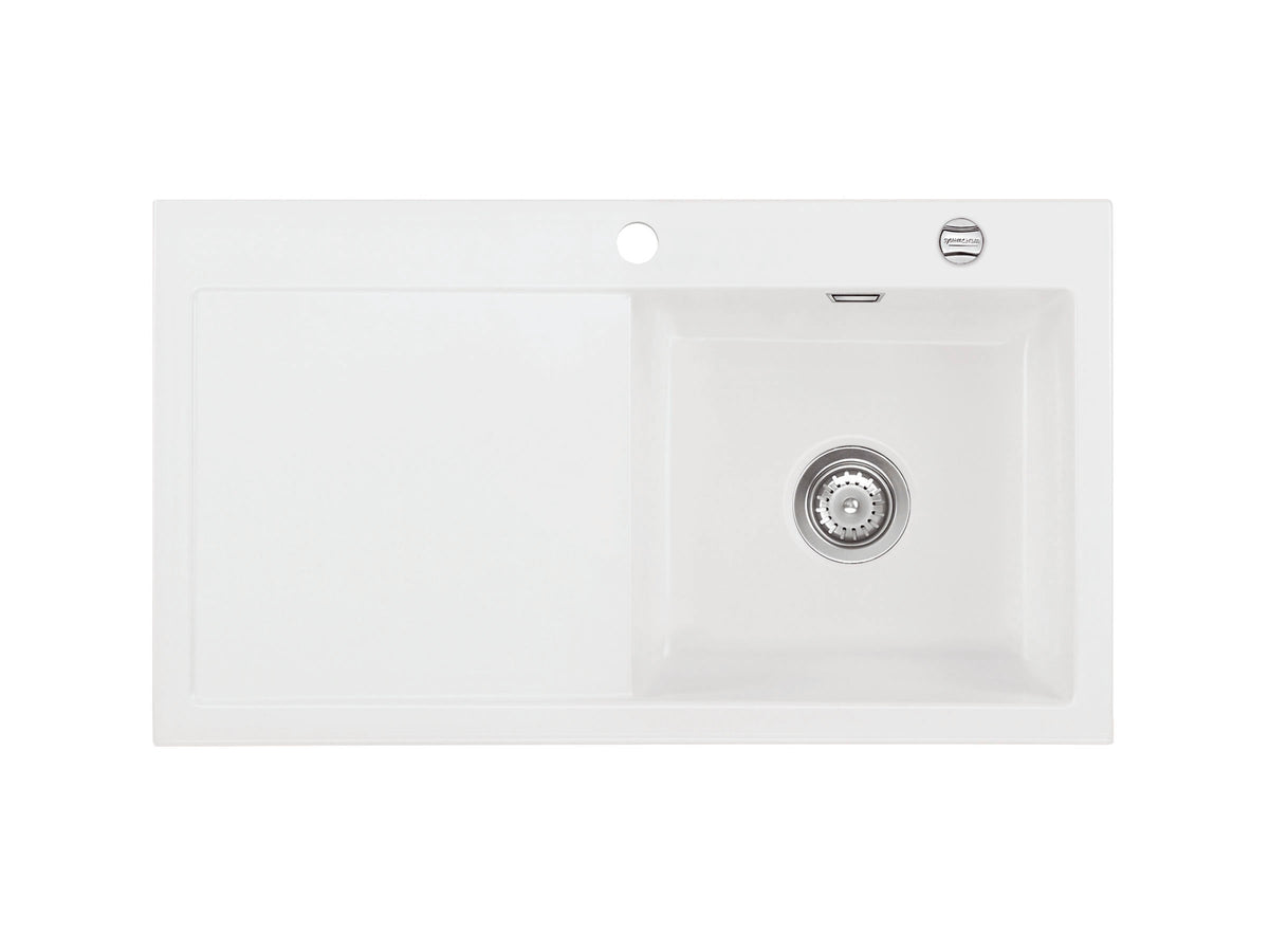 SYSTEMCERAM Einbauspüle Mera 90 F Be. Re. Polar 13 inkl. Handbetätigung, für 50 cm Schrankbreite, Spüle zum flächenbündigen Einbau, inkl. 4 x Eckradien R 10 Auflage Becken rechts 55740113