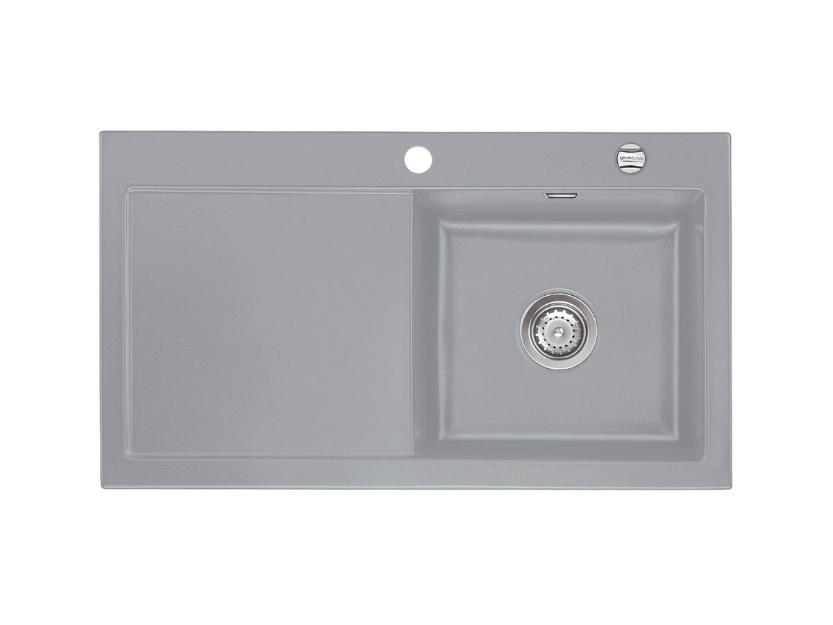 SYSTEMCERAM Einbauspüle Mera 90 F Be. Re. Titan 78 inkl. Handbetätigung, für 50 cm Schrankbreite, Spüle zum flächenbündigen Einbau, inkl. 4 x Eckradien R 10 Auflage Becken rechts 55740178