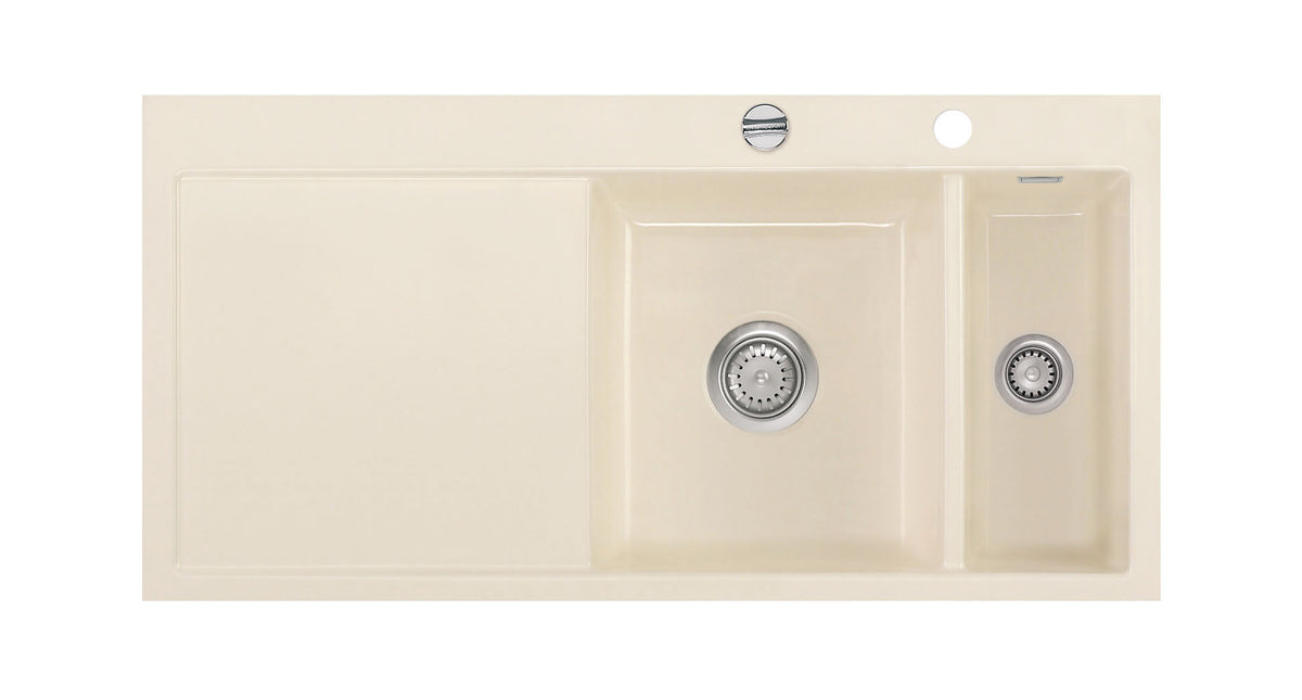 SYSTEMCERAM Einbauspüle Mera 100 F Be. Re. Magnolie 10 inkl. Excenterbetätigung, für 60 cm Schrankbreite, Spüle zum flächenbündigen Einbau, inkl. 4 x Eckradien R 10 Auflage Becken rechts 55760210