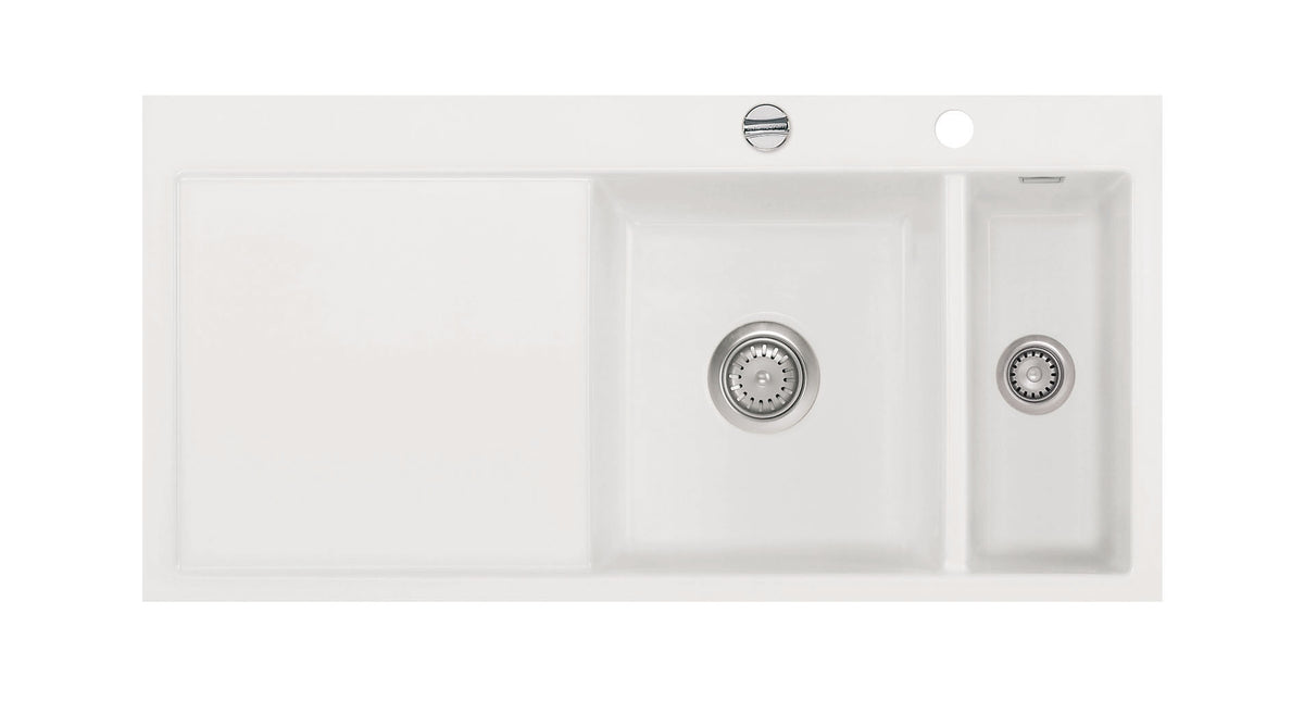 SYSTEMCERAM Einbauspüle Mera 100 F Be. Re. Polar 13 inkl. Handbetätigung, für 60 cm Schrankbreite, Spüle zum flächenbündigen Einbau, inkl. 4 x Eckradien R 10 Auflage Becken rechts 55760113