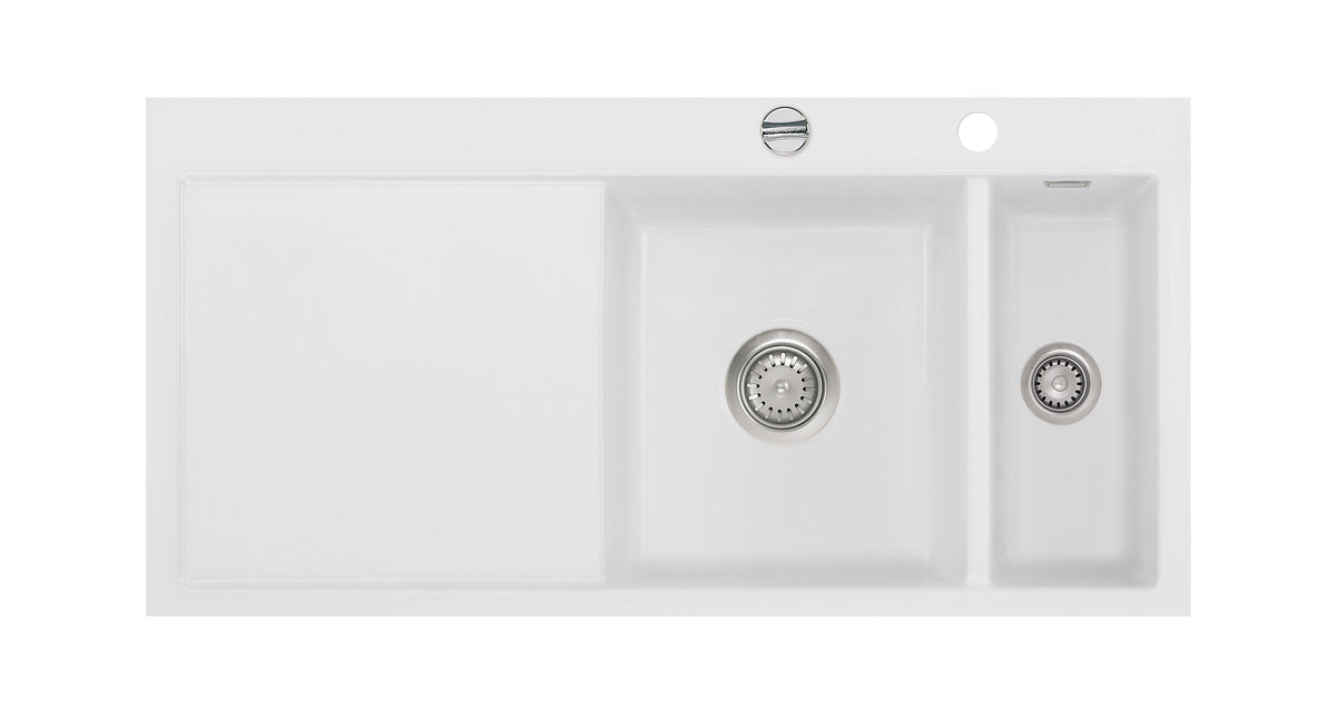 SYSTEMCERAM Einbauspüle Mera 100 F Be. Re. Satin 20 inkl. Handbetätigung, für 60 cm Schrankbreite, Spüle zum flächenbündigen Einbau, inkl. 4 x Eckradien R 10 Auflage Becken rechts 55760120