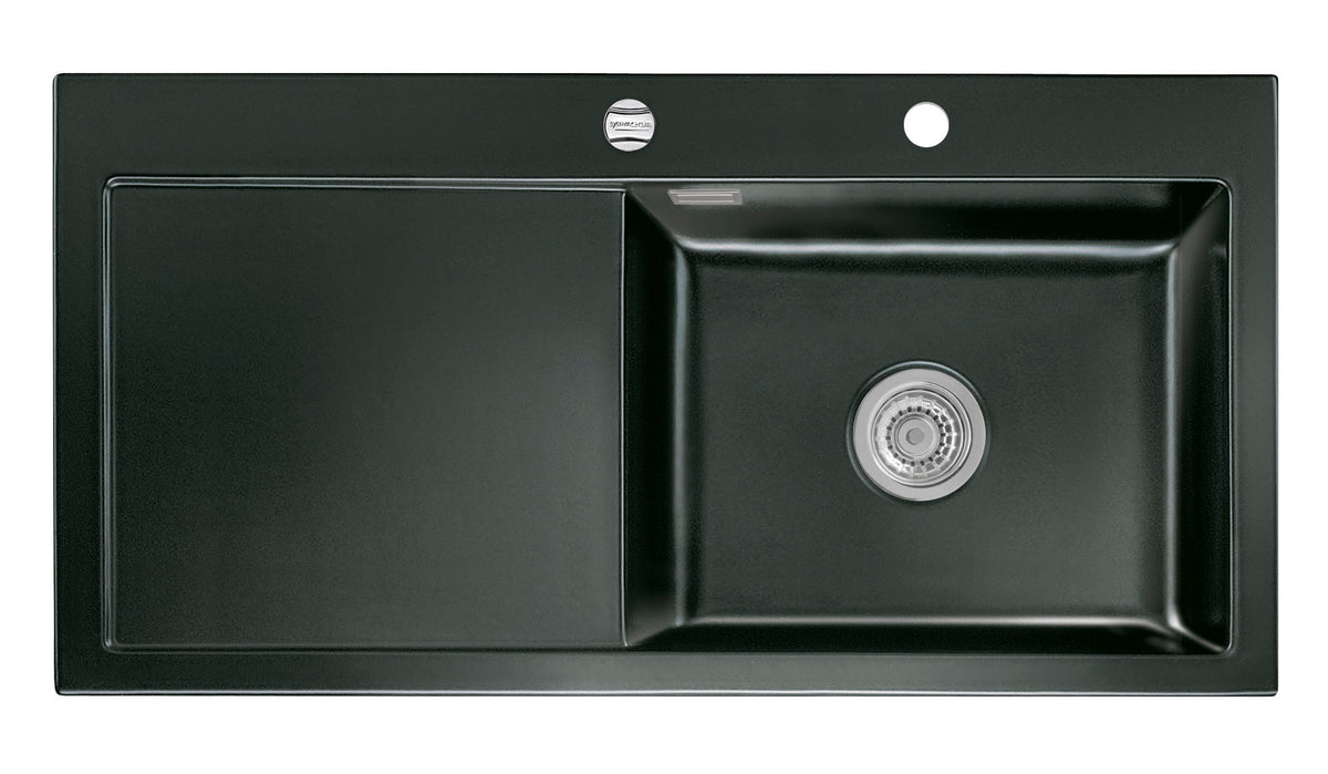 SYSTEMCERAM Einbauspüle Mera 100 SL/F Be. Re. Nero 68 inkl. Excenterbetätigung, für 60 cm Schrankbreite, Spüle zum flächenbündigen Einbau, inkl. 4 x Eckradien R 10 Auflage Becken rechts 55640268