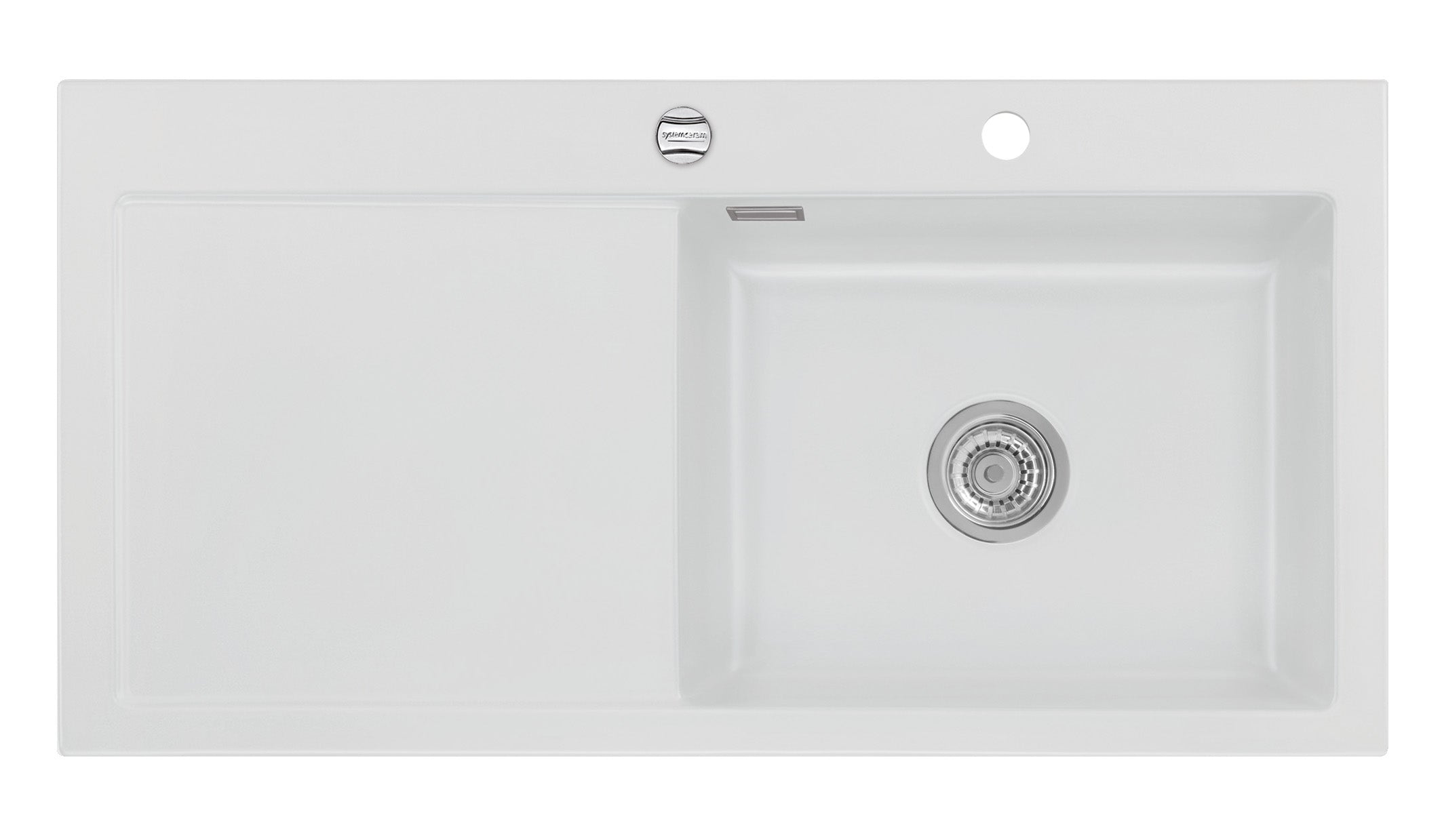 SYSTEMCERAM Einbauspüle Mera 100 SL/F Be. Re. Satin 20 inkl. Excenterbetätigung, für 60 cm Schrankbreite, Spüle zum flächenbündigen Einbau, inkl. 4 x Eckradien R 10 Auflage Becken rechts 55640220