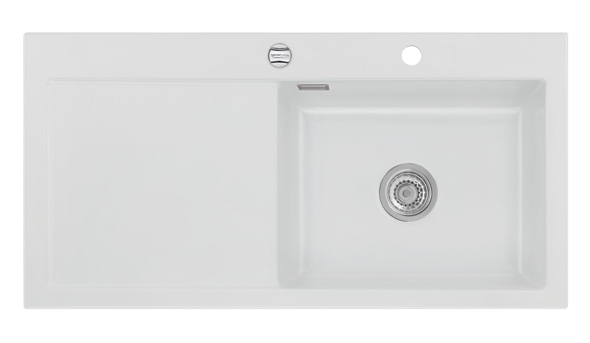 SYSTEMCERAM Einbauspüle Mera 100 SL/F Be. Re. Satin 20 inkl. Excenterbetätigung, für 60 cm Schrankbreite, Spüle zum flächenbündigen Einbau, inkl. 4 x Eckradien R 10 Auflage Becken rechts 55640220