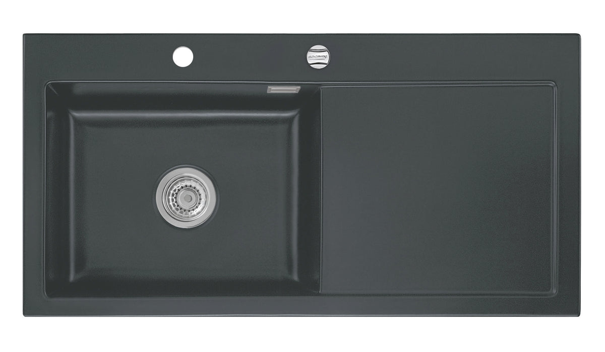 SYSTEMCERAM Einbauspüle Mera 100 SL/F Be. Li. Schiefer 85 inkl. Excenterbetätigung, für 60 cm Schrankbreite, Spüle zum flächenbündigen Einbau, inkl. 4 x Eckradien R 10 Auflage Becken links 55650285