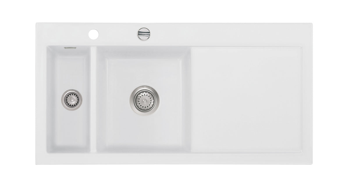 SYSTEMCERAM Einbauspüle Mera 100 Be. Li. Satin 20 inkl. Handbetätigung, für 60 cm Schrankbreite, Einbauspüle Auflage Becken links 50770120