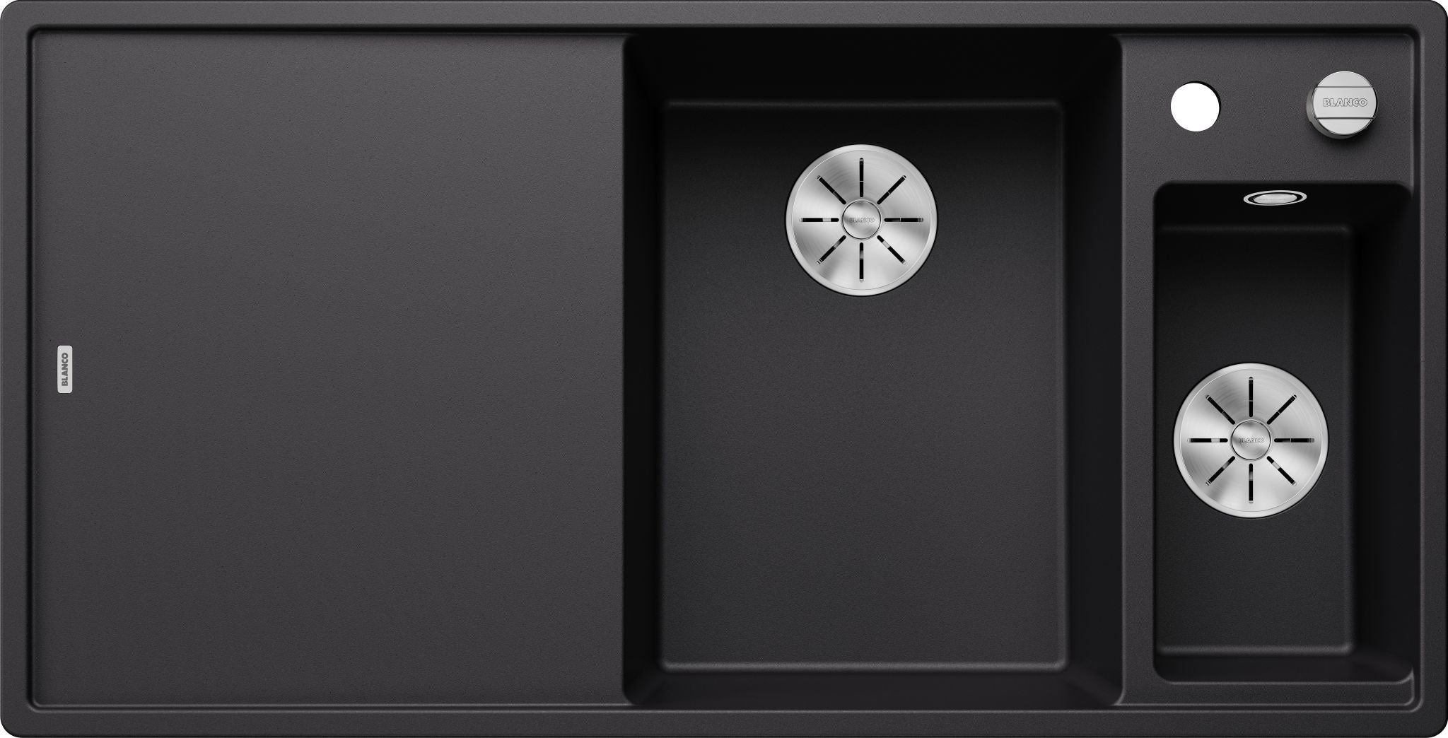 BLANCO AXIA III 6 S SILGRANIT mit Ablauffernbedienung inkl. Glasschneidbrett Becken rechts schwarz 525850