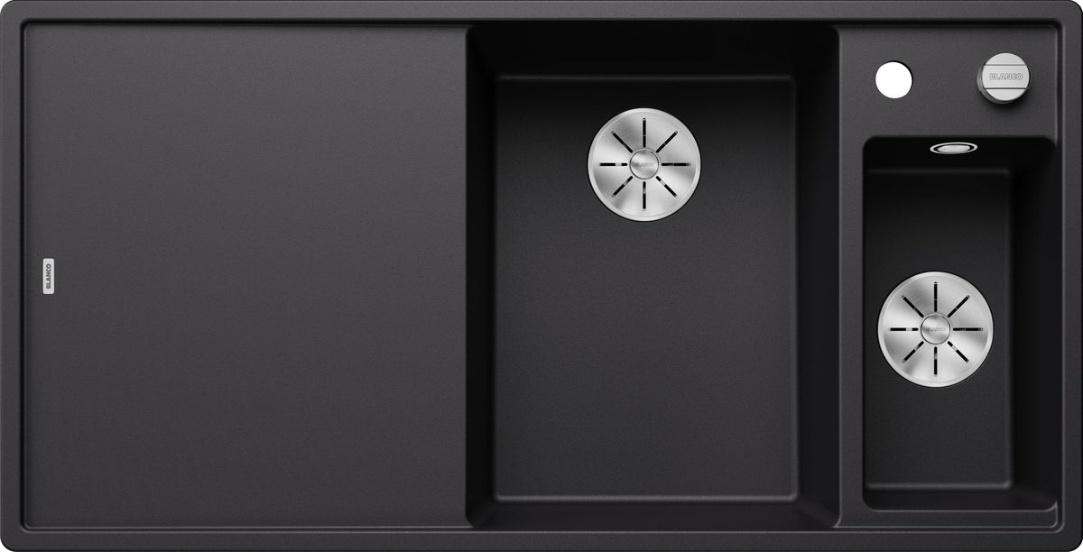 BLANCO AXIA III 6 S SILGRANIT mit Ablauffernbedienung inkl. Holzschneidbrett Becken rechts schwarz 525851